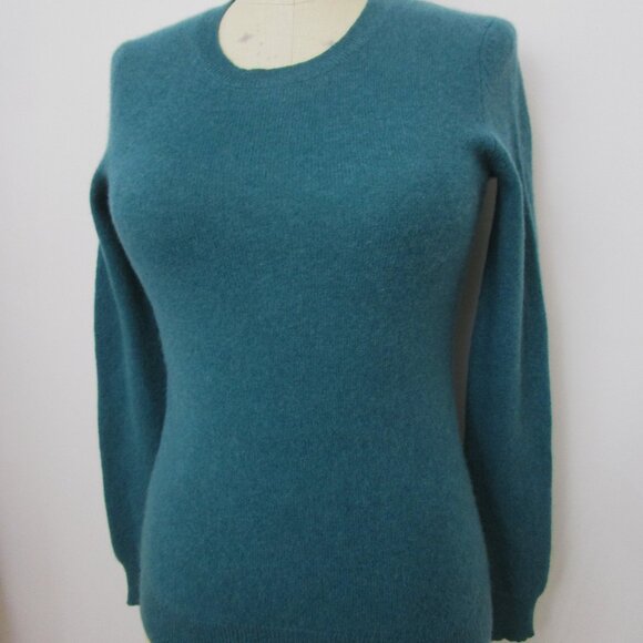 Fuzzy CASHMERE Pullover Knit Sweater Crew Cuddly Dark Teal Blue - Picture 2 of 10